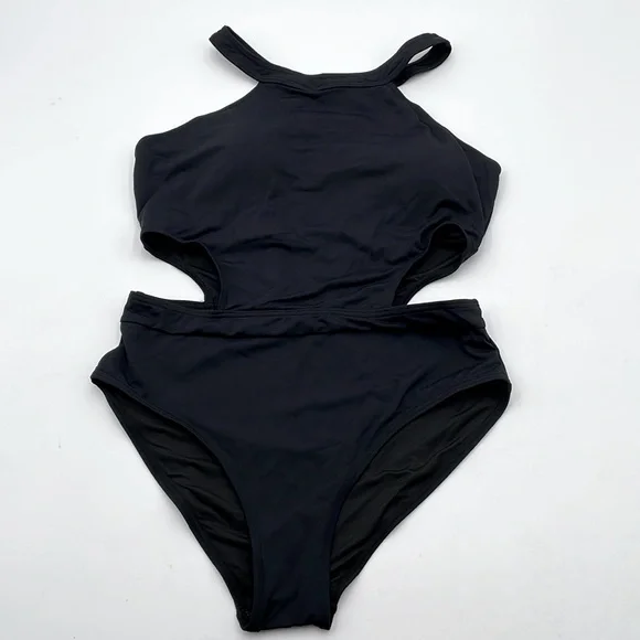 Holipick Black One-Piece Monokini‎ Swimsuit High Neck Cutout Snap/Hook Closure - Picture 3 of 17